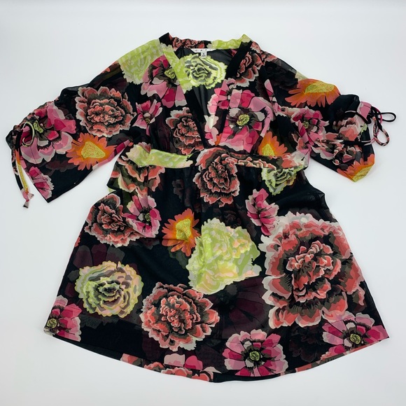 Cabi Gemini Floral Print Tunic Blouse Dress Sheer Satin Black Pink Size S - Picture 1 of 6